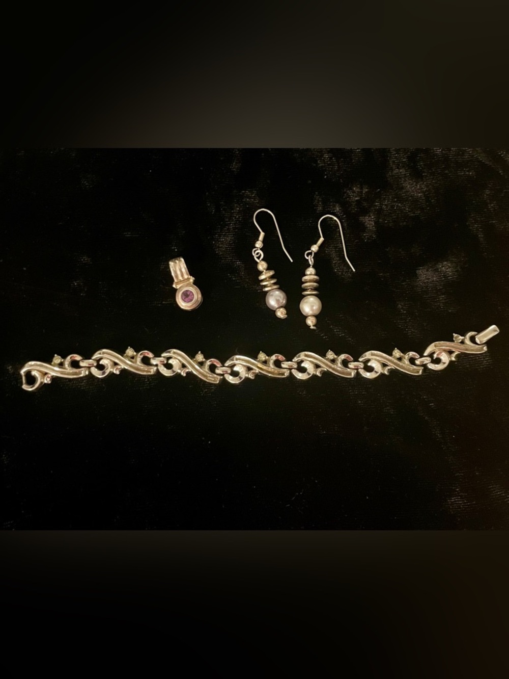 Silver & Rhinestone Bracelet, Amethest pendant, and Drop Earrings Set - Silver